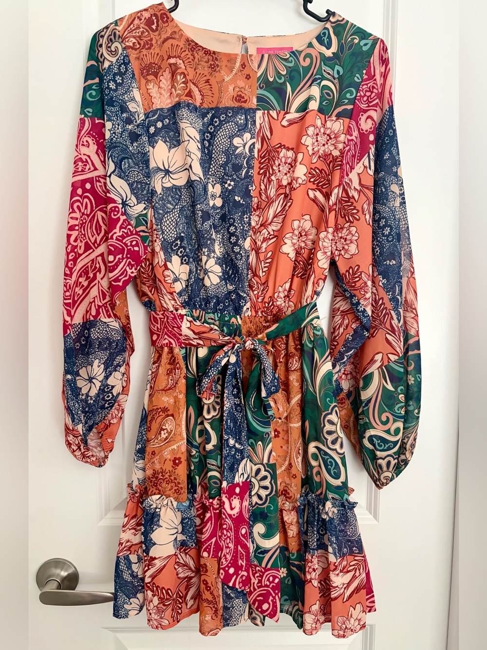 Patchwork Floral Tie-Waist Long Sleeve Dress in Multi-Color